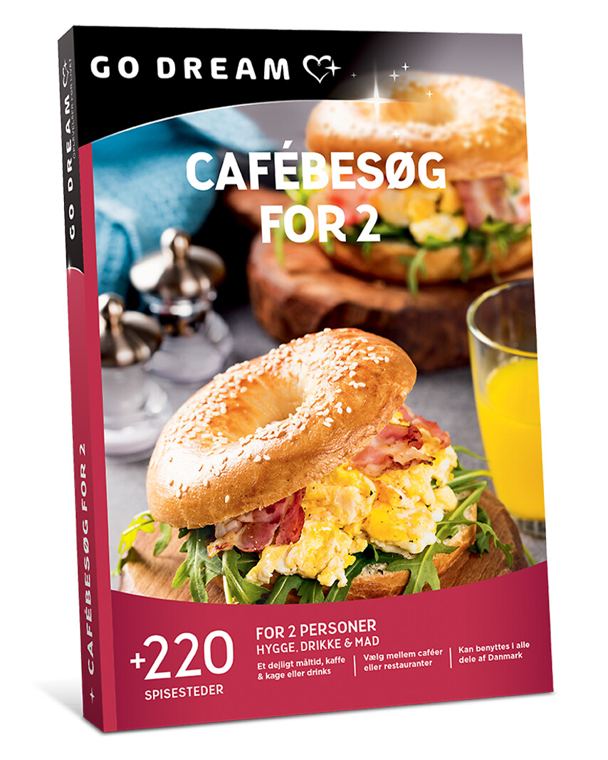 Go Dream CAFÉBESØG FOR 2- Oplevelsesgaver GASTRONOMY - Nyd et hyggeligt cafébesøg på en af mange gode cafeer i Danmark.
Med dette gavekort kan I